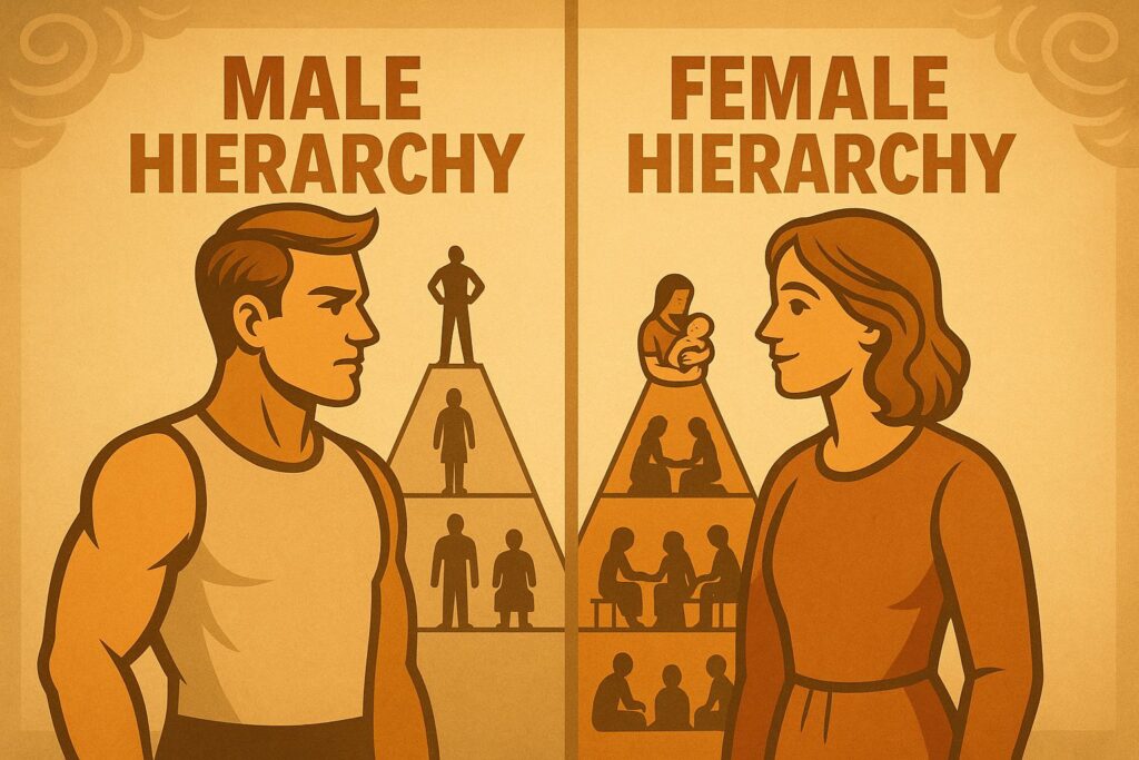Male and female hierarchies in symbolic comparison: cooperation, not confrontation
