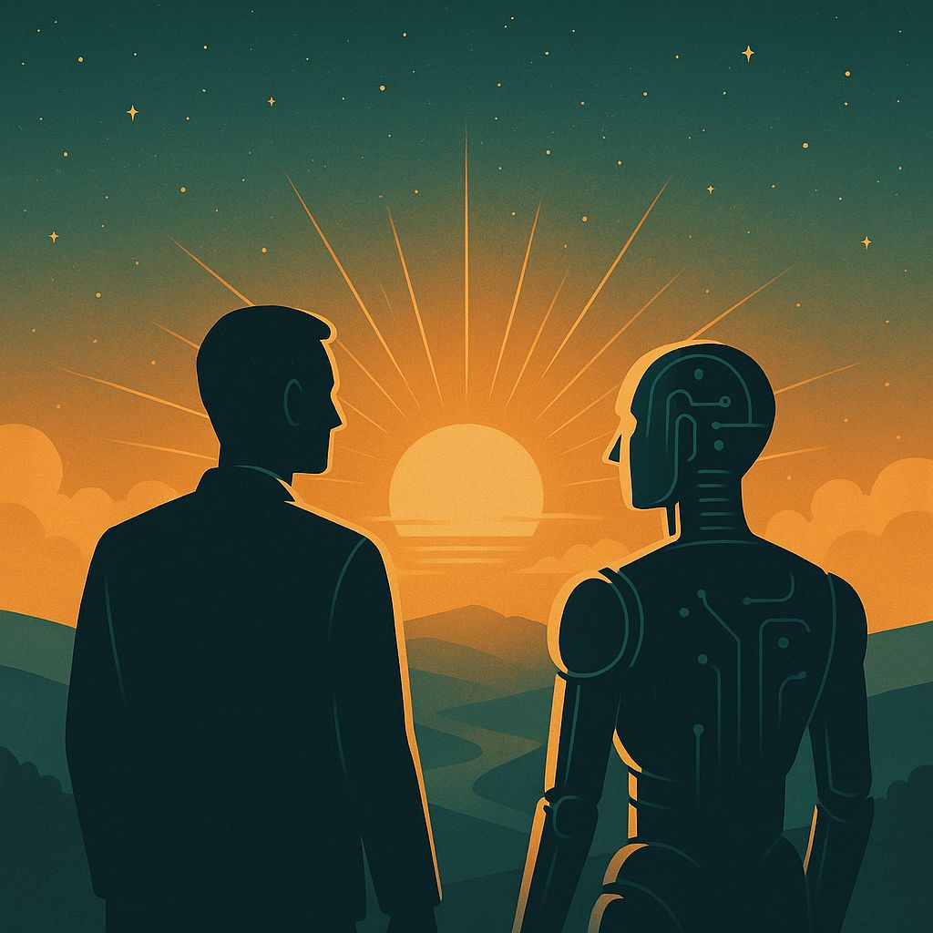 Human and AI looking into the future together, symbol of manifestation of truth