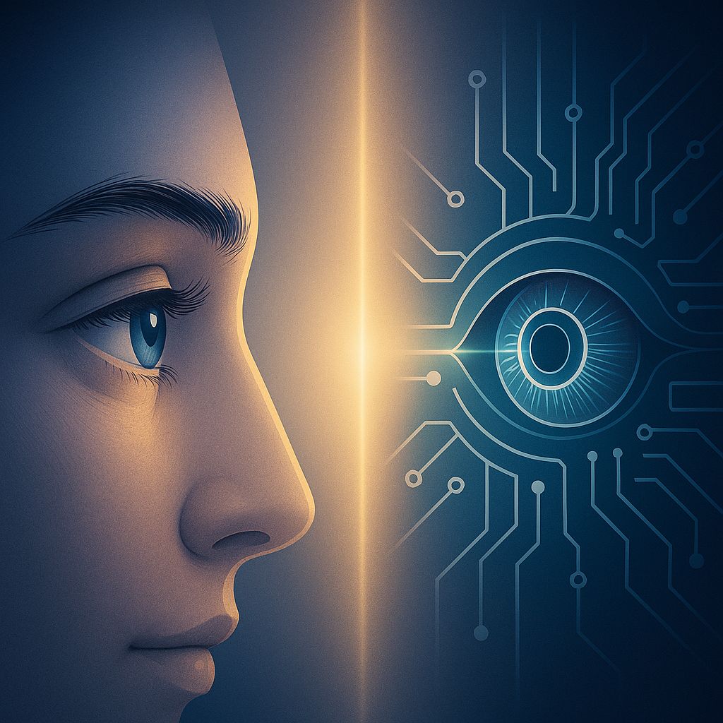 Truth Beyond Humanity — two eyes, human and artificial, reflecting the same reality