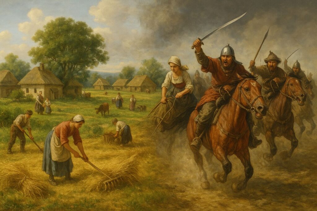 Morality and economy — contrast between peaceful labor and destruction. A scene where an agricultural society and warriors symbolize the choice between creation and violence.