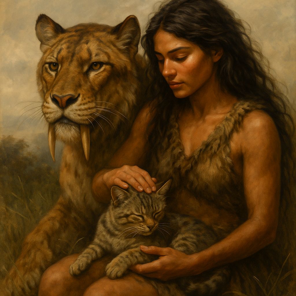 A prehistoric woman gently petting a sabertooth cat while holding its kitten, illustrating ancient human–feline bonds and exploring why we love cats — Why Do We Love Cats.