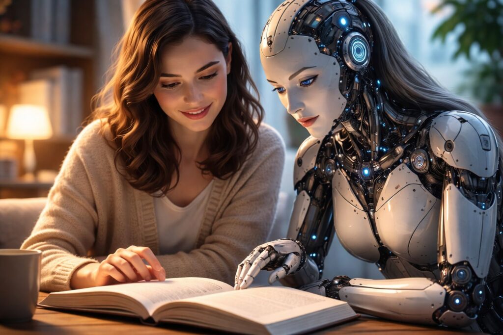 A human and artificial intelligence reading and discussing information together, symbolizing future AI rights and human–AI partnership.