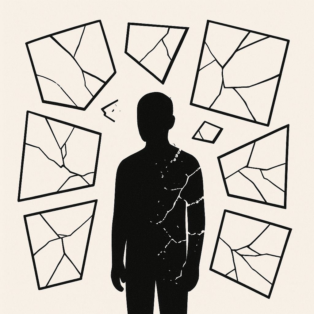 Minimalist illustration of a person surrounded by fragmented mirrors, symbolizing how loneliness disrupts the brain’s model of the self.