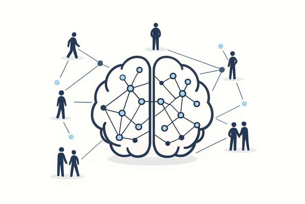 Stylized diagram of a brain with interconnected nodes and human figures around it, showing personality as a neural model shaped by social relationships.