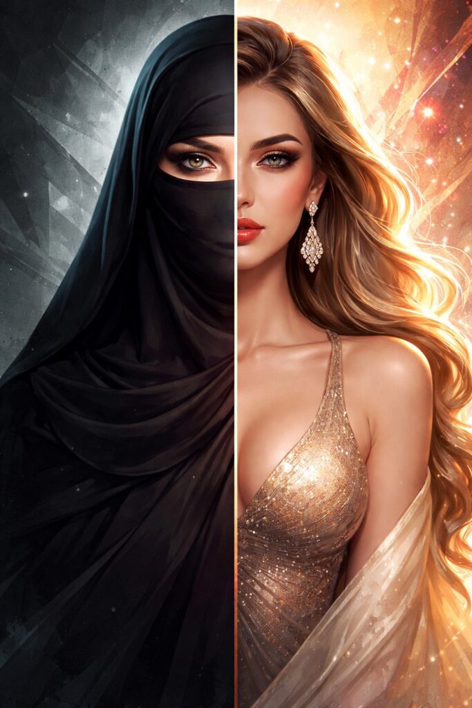 Objectification of women: contrast between control and freedom, veiled and glamorous female identity split in two